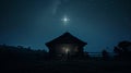 Nighttime Barn Scene with Silhouetted Farmer and Sheep Under Starry Sky Royalty Free Stock Photo