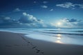 Nighttime Beach With Footprints and Full Moon, A serene moonlit beach with a coupleÃ¢â¬â¢s footprints leading to the horizon, AI