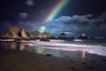 nighttime beach scene with crashing waves and moonbow