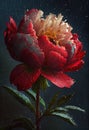 Nighttime Beauty: Sparkling Dew on Deep Colored Peonies During a Red and White Flower Rain