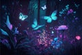 Nighttime bioluminescent flora and wildlife in a dream forest