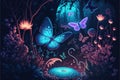 Nighttime bioluminescent flora and wildlife in a dream forest