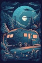 Nighttime Camping Adventure with a Cartoon Caravan.