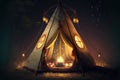 Nighttime camping, glowing tent, and nightlights