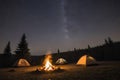 Nighttime camping under stars with glowing campfire and tents in a serene forest setting. Peaceful starry night concept. Royalty Free Stock Photo