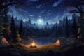 Nighttime Campsite by a Serene Lake Royalty Free Stock Photo