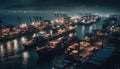 Nighttime cargo container ship unloading at busy commercial dock generated by AI