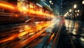 Nighttime city life blurred motion, traffic rush, illuminated skyscrapers, double decker bus generated by AI Royalty Free Stock Photo