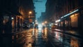 Nighttime city life traffic, rain, blurred motion, illuminated skyscrapers generated by AI