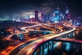 Nighttime cityscape A colorful overpass interchange illuminates the urban night Royalty Free Stock Photo