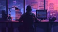 A lone hacker sits in front of a computer screen with a cityscape backdrop symbolizing technology privacy data and the digital
