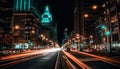 Nighttime cityscape with illuminated skyscrapers and blurred motion of traffic generated by AI Royalty Free Stock Photo