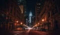 Nighttime cityscape with illuminated skyscrapers and blurred motion of traffic generated by AI Royalty Free Stock Photo