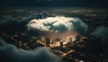 Nighttime cityscape with skyscrapers and airplanes flying above the pollution generated by AI