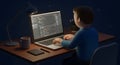 Nighttime Coder: A 3D Render of a Programmer Working Late on a Laptop with Code Royalty Free Stock Photo