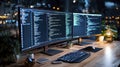 Dual Monitor Coding Setup at Night with City Lights Royalty Free Stock Photo