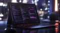 Nighttime coding session modern office digital workspace urban environment close-up view technology focus