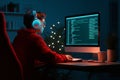 Nighttime Coding Session A young coder works late illuminated by screen glow Concepts focus dedication technology progress