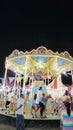 Nighttime comedy carousel: People enjoying a merry-go-round ride, their laughter echoing in the night.