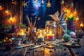 Nighttime Crafts Illuminating Your Creative Space with Tools and Materials on a Dark Wood Table A Stunning Still Royalty Free Stock Photo