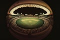 Nighttime cricket match surrounded by illuminated circular stadium and enthusiastic audience. Generative AI