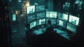 Nighttime cybersecurity expert analyzing data on multiple monitors in dimly lit control room full of screens and technical
