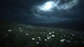 Nighttime daisies, moonlit hilltop meadow, storm clouds Royalty Free Stock Photo