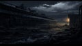 Eerie Warehouse: Dark And Wet Urban Architecture In Matte Painting Style