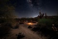 nighttime desert hike with stars and moon overhead, and distant point of light that could be a campfire