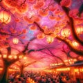 Nighttime Elegance: Cherry Blossom Lanterns Royalty Free Stock Photo