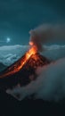 A nighttime eruption casts a fiery glow over the mountain, with the volcano's wrath evident in the flowing lava