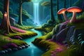 Nighttime Fantasy World: Fairy Forest with Giant Glowing Mushrooms with Generative AI Royalty Free Stock Photo