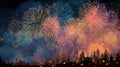 Nighttime Fireworks Over City Skyline Royalty Free Stock Photo