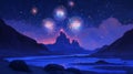 Nighttime Fireworks Over Mountains And A River Royalty Free Stock Photo