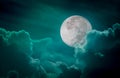 Nighttime green sky with clouds, bright full moon would make a g Royalty Free Stock Photo