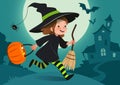 Nighttime Halloween Scene  Illustration. Cute Happy Little Girl Dressed Up As Witch Runs With Bucket Of Candy. Full Moon,
