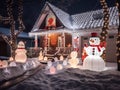Nighttime of a home exterior transformed into a winter wonderland with dazzling Christmas lights, inflatable snowman, and a