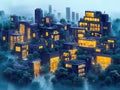 A nighttime image of a futuristic, illuminated architectural complex with angular shapes and modular design The