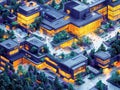A nighttime image of a futuristic, modular architectural complex with integrated trees and walkways The layout is