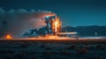 Nighttime Launch Pad with Rocket Ignition and Smoke at Dusk Royalty Free Stock Photo