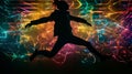 Nighttime Leap: Silhouette Jumps Against Neon Abstract Backdrop