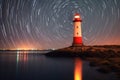 nighttime long exposure of a lighthouse with star trails above