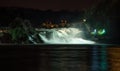 Nighttime long exposure panorama of Rheinfall cascade rapid waterfall on Rhine river Neuhausen Schaffhausen Switzerland