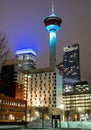 Nighttime long exposure photograph at night of downtown landmarks in Calgary Alberta Canada Royalty Free Stock Photo