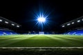 Nighttime magic enchanting soccer pitch shines in empty stadium under captivating lights.