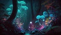 Nighttime magic, an ethereal journey through the luminous flowers of a fantasy forest