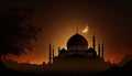 Nighttime Mosque Silhouette with Crescent Moon for Ramadhan Kareem. Created with generative AI technology.