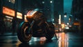 Nighttime motorcycle transportation speeds through blurred city traffic, illuminated by headlights generated by AI Royalty Free Stock Photo