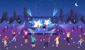 Nighttime music festival flat vector illustration. Open air live performance. Rock, pop musician concert, party in park, camp.