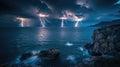 Nighttime ocean lit by lightning, strikes from cliff view show sea's dark drama Royalty Free Stock Photo